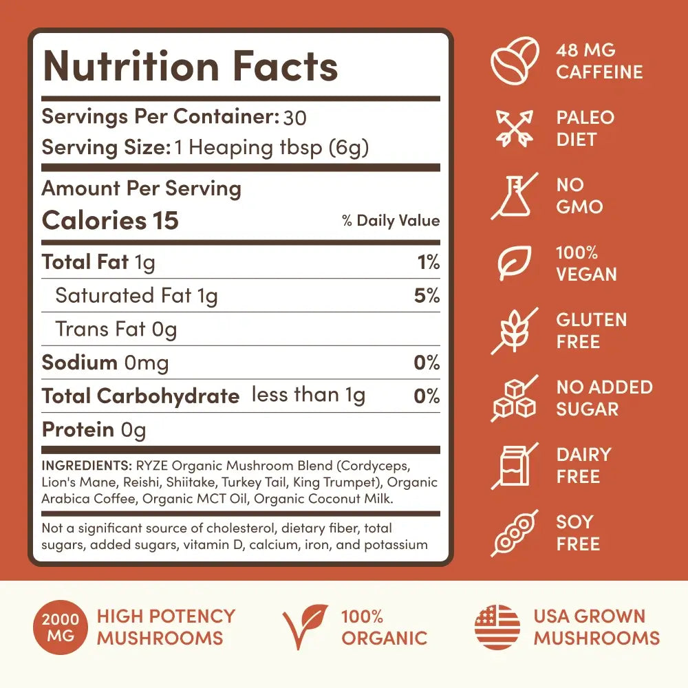 RYZE Mushroom Chocolate nutrition facts: 40 cal, Non GMO, Low Sugar, Gluten/Dairy/Soy Free, Vegan, 300mg mushrooms