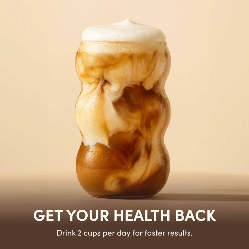 GET YOUR HEALTH BACK �?Drink 2 cups per day for faster results, iced creamy coffee in a wavy sculptural glass