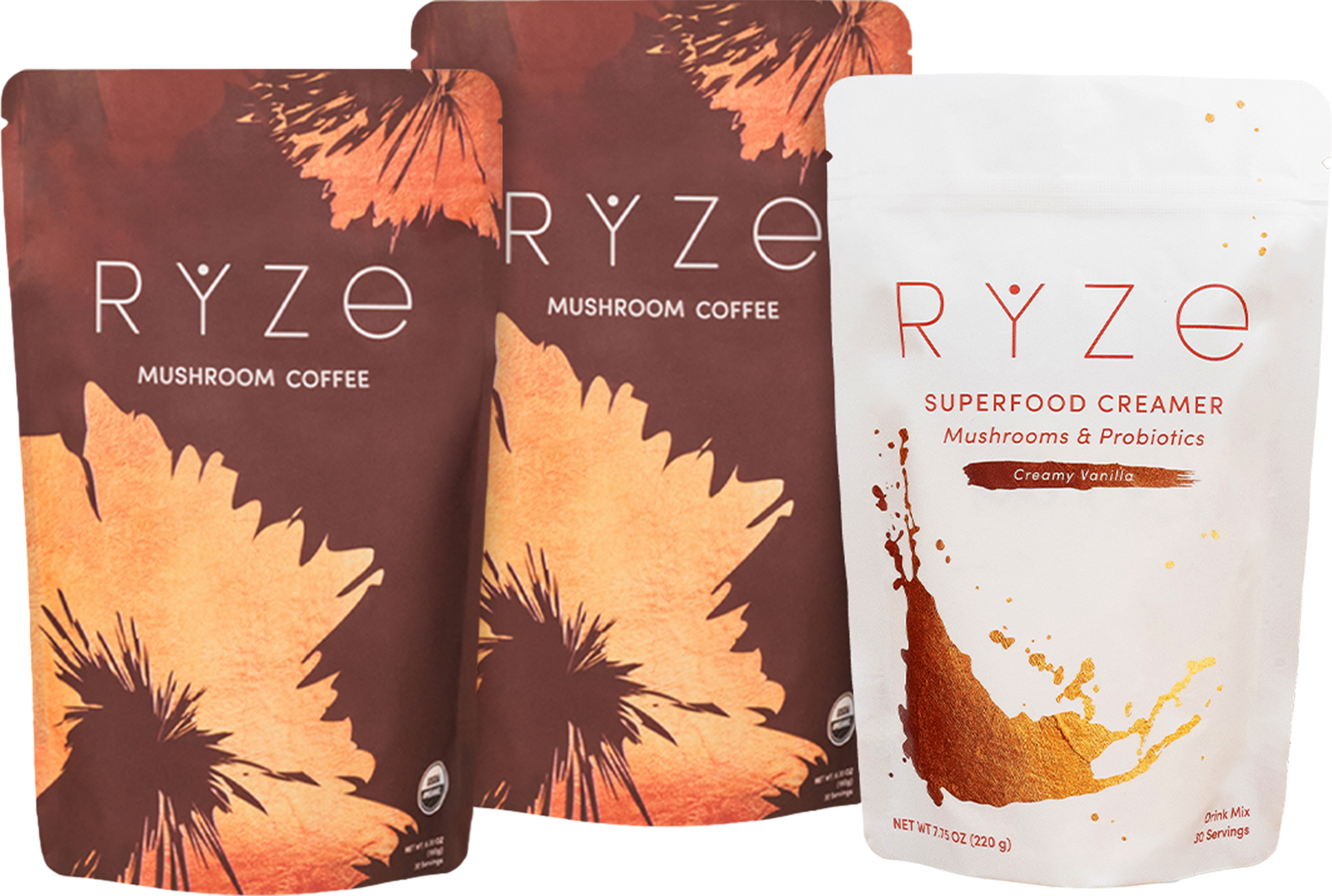 Three RYZE Mushroom Coffee bags with creamer pouch