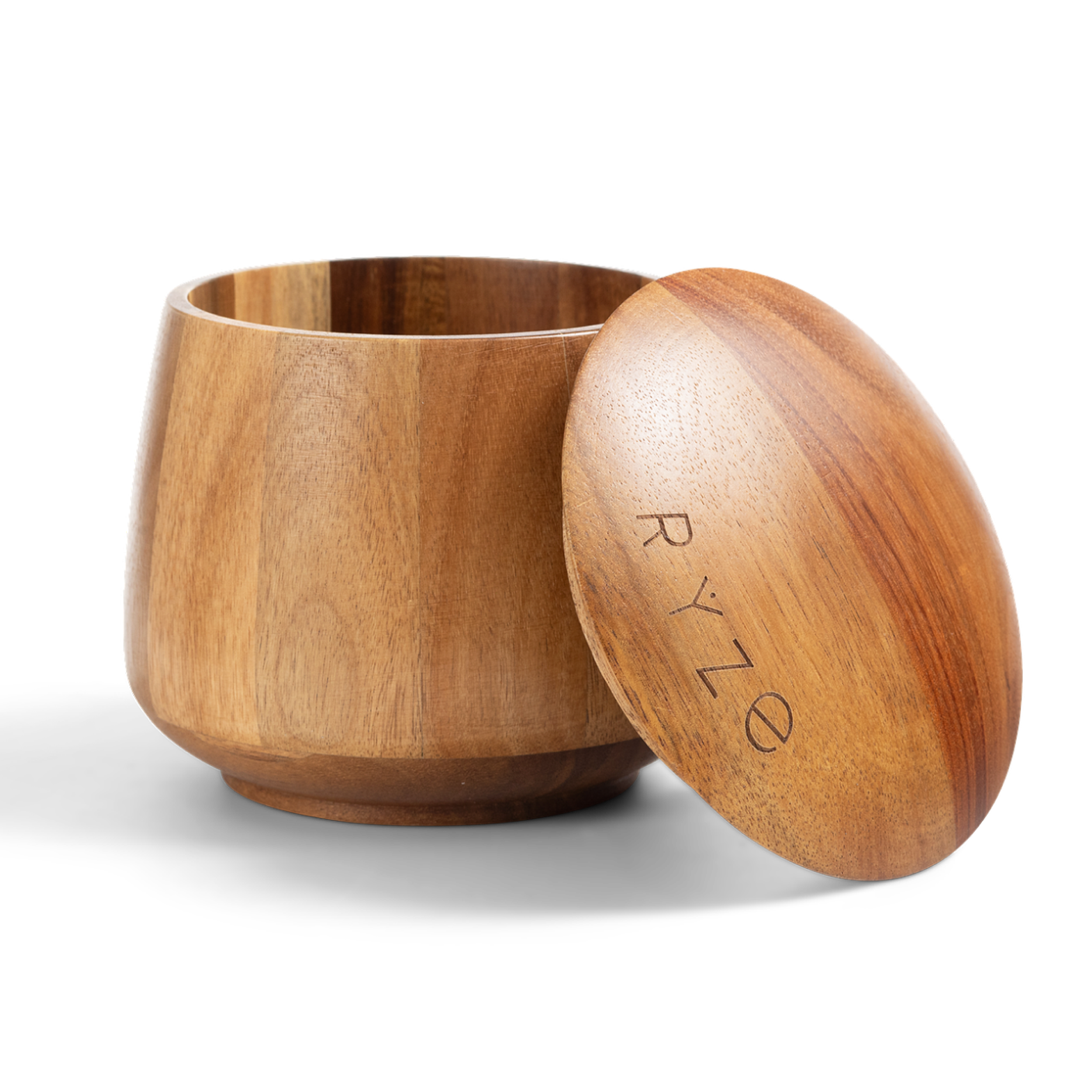 RYZE branded round acacia wood jar with lid ajar showing engraved branding on transparent/black background