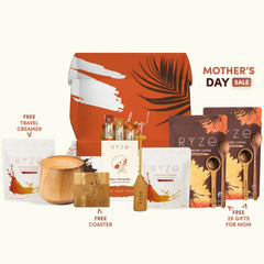 Collection of RYZE products with promotional text for Mother's Day sale on a white background