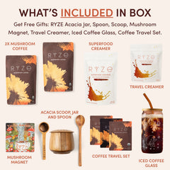 RYZE Mushroom Coffee with golden flower illustration